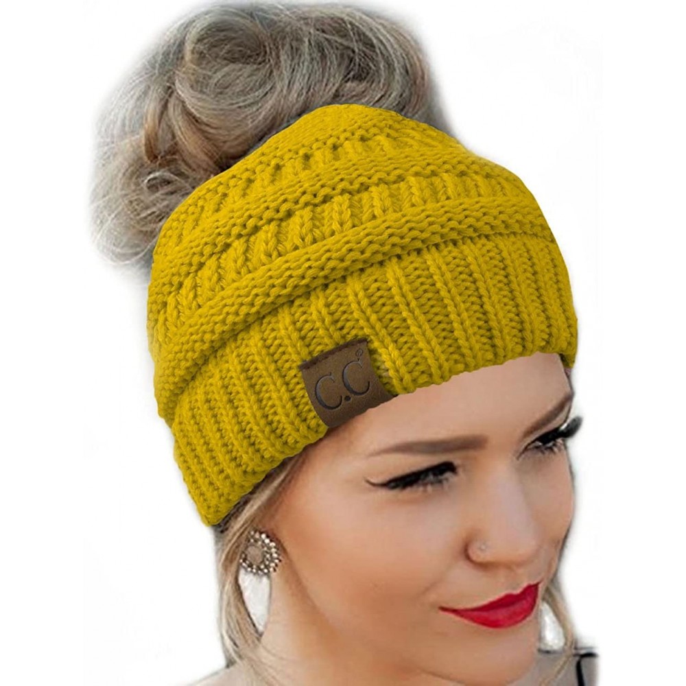 Skullies & Beanies Quality Knit Messy Bun Hat Beanie - Mustard - CS1889YOGEG $12.70