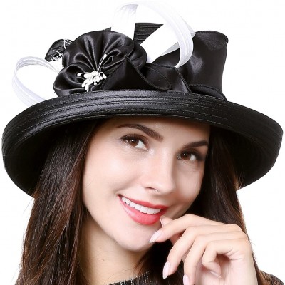 Sun Hats Kentucky Derby Church Dress Hat Wide Brim Leaf Flower Bridal Shower Hat - Satin-black/White - CQ18CG92SII $22.51