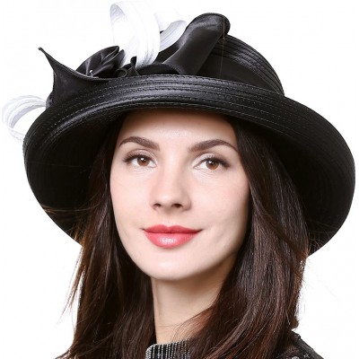 Sun Hats Kentucky Derby Church Dress Hat Wide Brim Leaf Flower Bridal Shower Hat - Satin-black/White - CQ18CG92SII $22.51