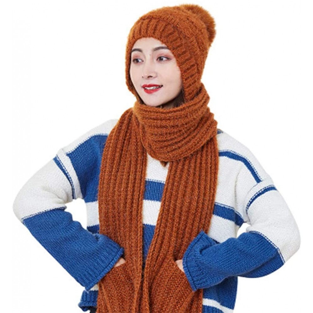 Skullies & Beanies Knitted Hat Scarf Set Fashion Winter Warm Knitted Hat with Attached Scarf for Womens Girls - Brown - C218Y...