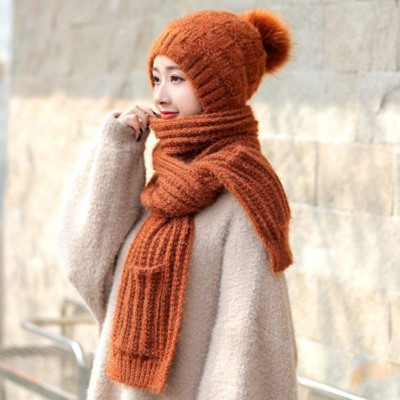 Skullies & Beanies Knitted Hat Scarf Set Fashion Winter Warm Knitted Hat with Attached Scarf for Womens Girls - Brown - C218Y...