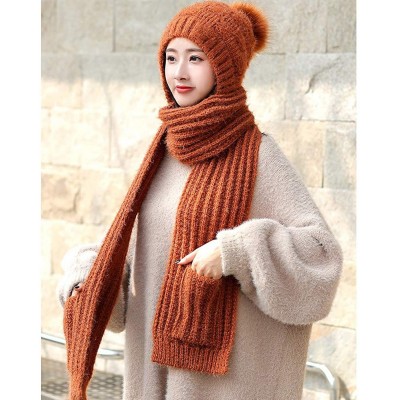 Skullies & Beanies Knitted Hat Scarf Set Fashion Winter Warm Knitted Hat with Attached Scarf for Womens Girls - Brown - C218Y...