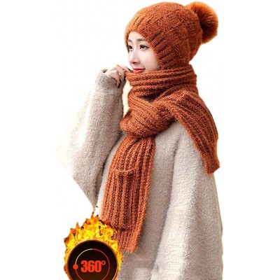 Skullies & Beanies Knitted Hat Scarf Set Fashion Winter Warm Knitted Hat with Attached Scarf for Womens Girls - Brown - C218Y...