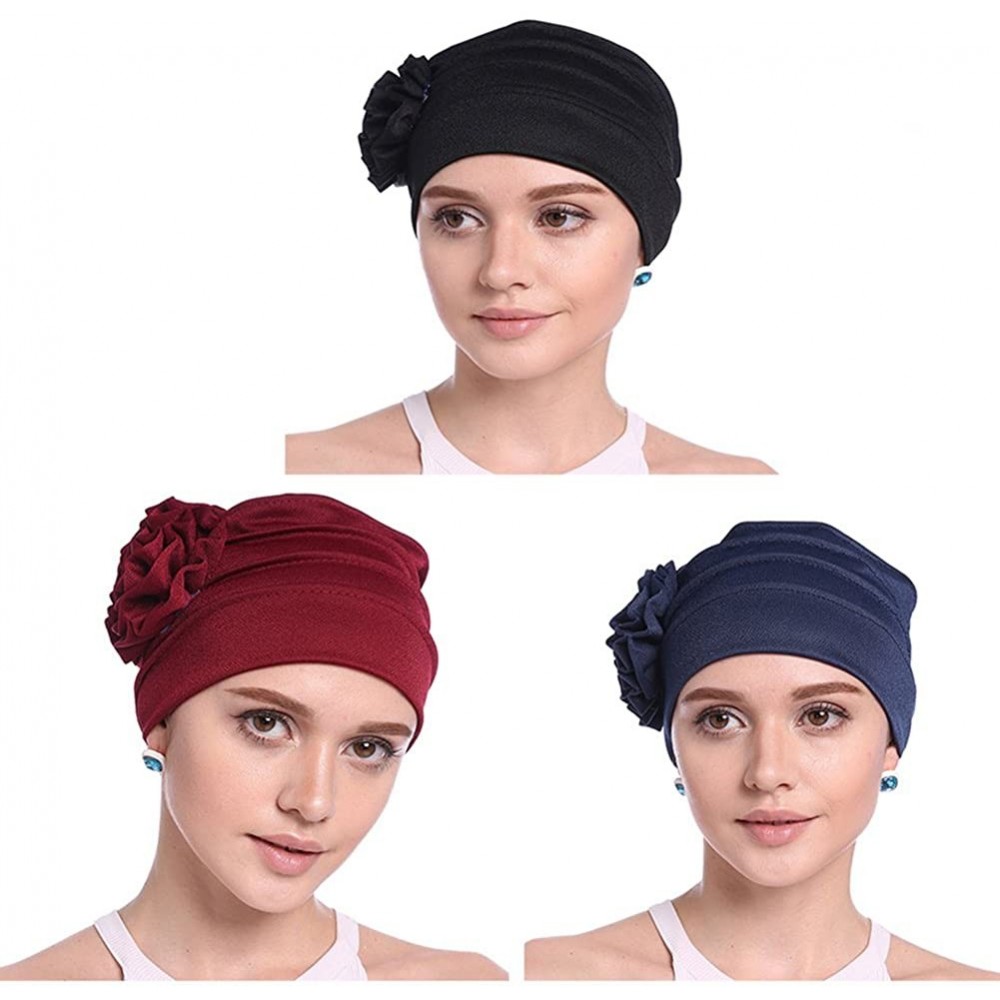 Skullies & Beanies Women Chemo Cap Turban Headwear Sleep Hat with Elegant Side Flower Pleated Skull Caps - White Pack of 2 - ...