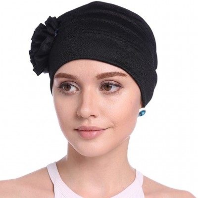 Skullies & Beanies Women Chemo Cap Turban Headwear Sleep Hat with Elegant Side Flower Pleated Skull Caps - White Pack of 2 - ...