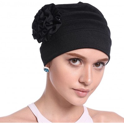 Skullies & Beanies Women Chemo Cap Turban Headwear Sleep Hat with Elegant Side Flower Pleated Skull Caps - White Pack of 2 - ...