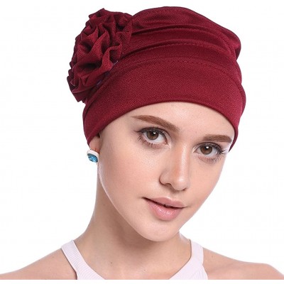 Skullies & Beanies Women Chemo Cap Turban Headwear Sleep Hat with Elegant Side Flower Pleated Skull Caps - White Pack of 2 - ...