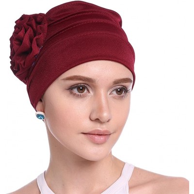 Skullies & Beanies Women Chemo Cap Turban Headwear Sleep Hat with Elegant Side Flower Pleated Skull Caps - White Pack of 2 - ...