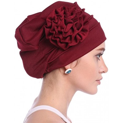 Skullies & Beanies Women Chemo Cap Turban Headwear Sleep Hat with Elegant Side Flower Pleated Skull Caps - White Pack of 2 - ...