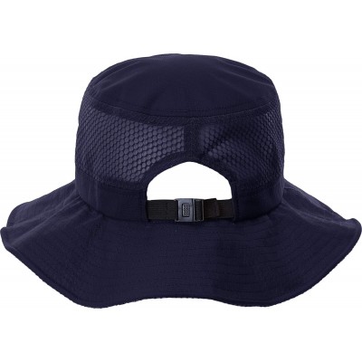 Sun Hats Ponytail Bucket Hat UPF 50+ Messy Bun Sun Hat Wide Brim Mesh Cap - Navy W/ Removable Chin Strap - C619768HGHM $22.88