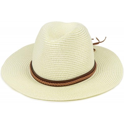 Sun Hats Straw Panama Hat Summer Fedora Straw Foldable Beach Sun Hat UPF50+ Unisex - Milky - CZ18QN3I9AT $12.47