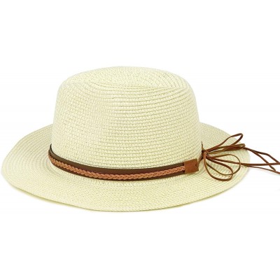 Sun Hats Straw Panama Hat Summer Fedora Straw Foldable Beach Sun Hat UPF50+ Unisex - Milky - CZ18QN3I9AT $12.47