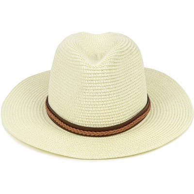 Sun Hats Straw Panama Hat Summer Fedora Straw Foldable Beach Sun Hat UPF50+ Unisex - Milky - CZ18QN3I9AT $12.47