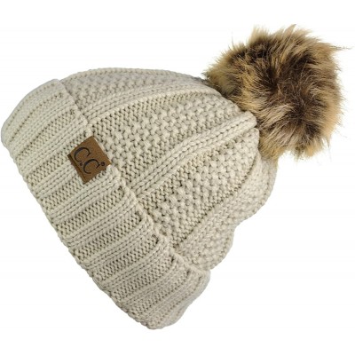 Skullies & Beanies Thick Cable Knit Faux Fuzzy Fur Pom Fleece Lined Skull Cap Cuff Beanie - Beige - C9185IRIGUE $17.51