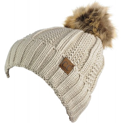 Skullies & Beanies Thick Cable Knit Faux Fuzzy Fur Pom Fleece Lined Skull Cap Cuff Beanie - Beige - C9185IRIGUE $17.51