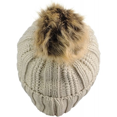 Skullies & Beanies Thick Cable Knit Faux Fuzzy Fur Pom Fleece Lined Skull Cap Cuff Beanie - Beige - C9185IRIGUE $17.51