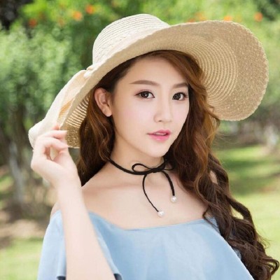 Sun Hats Fashion Women Colorful Big Brim Straw Bow Hat Sun Floppy Wide Brim Hats Beach Cap - Beige - C818OXEOYGZ $9.66