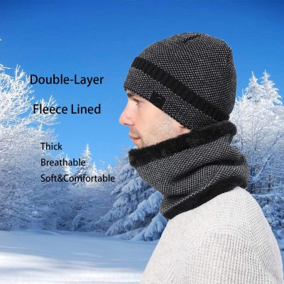 Skullies & Beanies Winter Beanie Hat Neck Warmer Set Warm Knit Hat Thick Knit Skull Cap Thick Fleece Lined Hat Scarf for Men ...