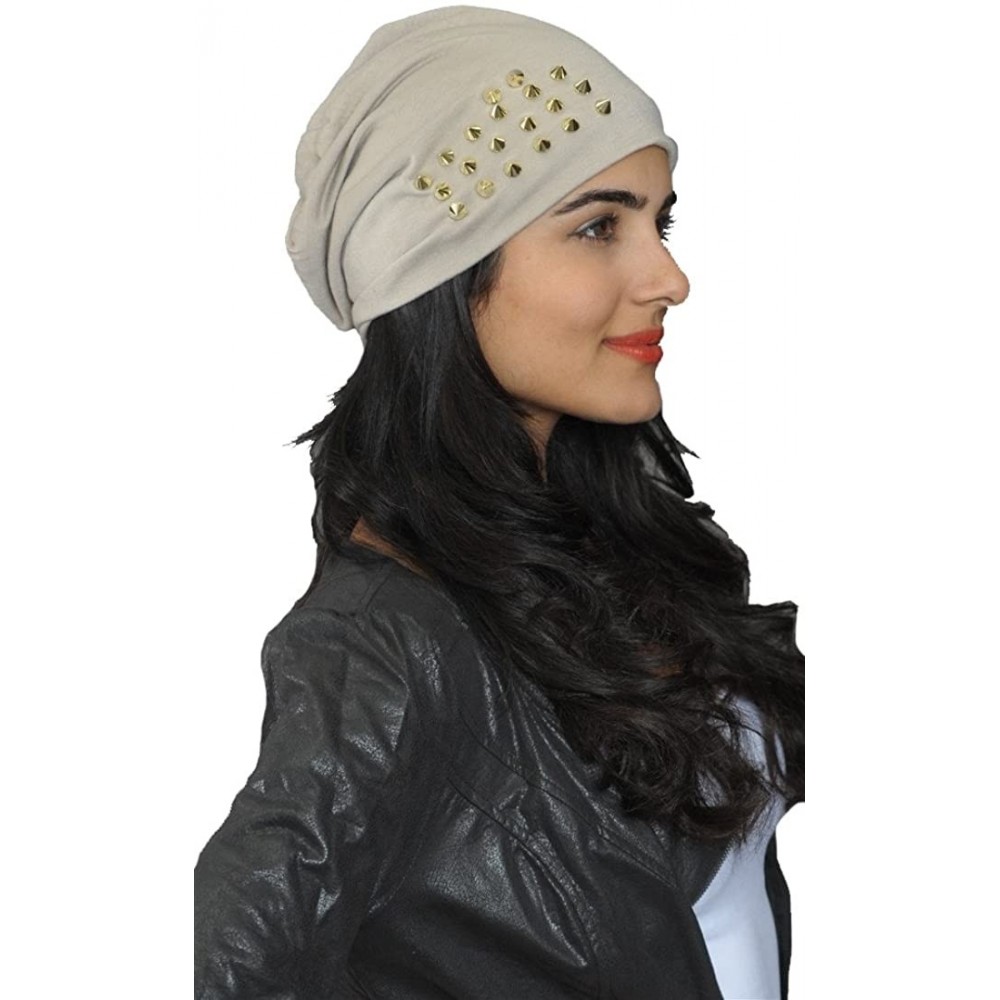 Skullies & Beanies Gold Spike Studded Beanie Skull Hat - Taupe - C2185TCR8MU $20.53