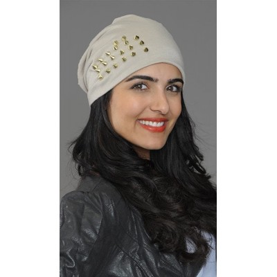 Skullies & Beanies Gold Spike Studded Beanie Skull Hat - Taupe - C2185TCR8MU $20.53