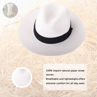 Sun Hats Womens UPF 50+ Wide Brim Panama Straw Hat Foldable Fedora Beach Sun Hat - White - CA18N8U0EEI $15.07