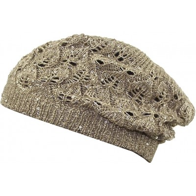 Berets Women Bright Sequins Crochet Braided Knit Beret Baggy Beanie Ski Cap Hat - Khaki - CV11ZZ177R5 $11.76