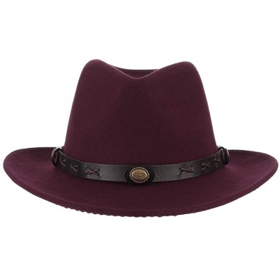 Cowboy Hats Unisex Retro Felt Western Cowboy Hat Wide Brim Crushable Outback Hat with Leather Band - Burgundy - CE18NYHH32W $...