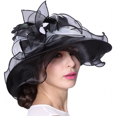 Sun Hats Women Race Hats Organza Hat with Ruffles Feathers - Black&white - CB12EORXUU3 $33.44