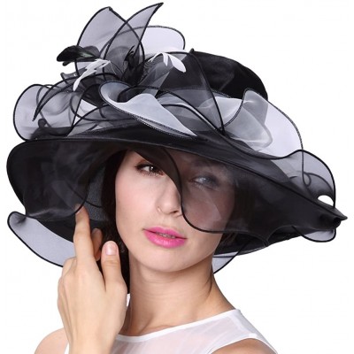 Sun Hats Women Race Hats Organza Hat with Ruffles Feathers - Black&white - CB12EORXUU3 $33.44