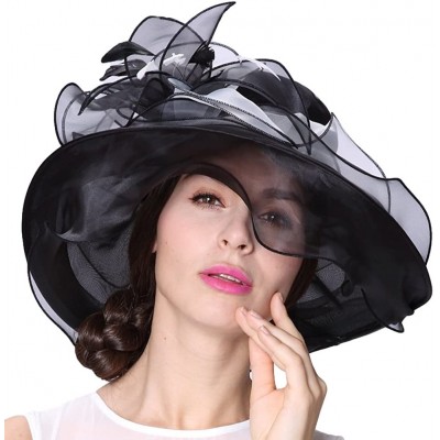 Sun Hats Women Race Hats Organza Hat with Ruffles Feathers - Black&white - CB12EORXUU3 $33.44