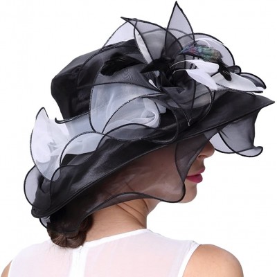 Sun Hats Women Race Hats Organza Hat with Ruffles Feathers - Black&white - CB12EORXUU3 $33.44