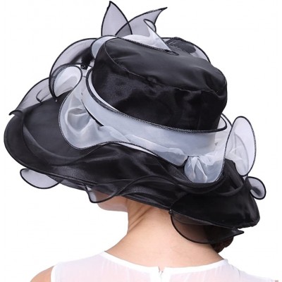 Sun Hats Women Race Hats Organza Hat with Ruffles Feathers - Black&white - CB12EORXUU3 $33.44