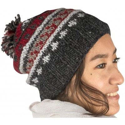 Skullies & Beanies 100% Wool Warm Winter Hat Fleece Inside Women Beanie Pom Pom Skull Snow - Red Grey - CE188T0CK7C $14.31