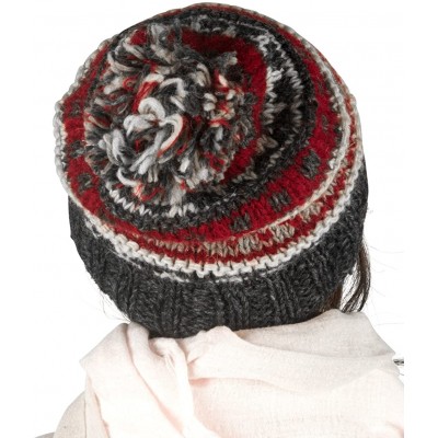 Skullies & Beanies 100% Wool Warm Winter Hat Fleece Inside Women Beanie Pom Pom Skull Snow - Red Grey - CE188T0CK7C $14.31