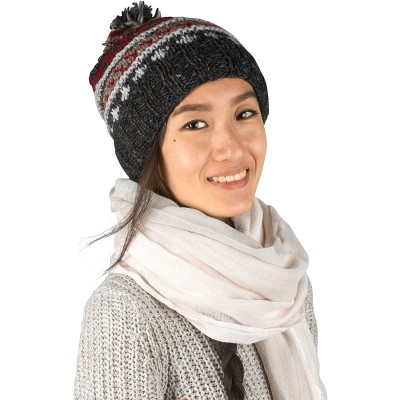 Skullies & Beanies 100% Wool Warm Winter Hat Fleece Inside Women Beanie Pom Pom Skull Snow - Red Grey - CE188T0CK7C $14.31