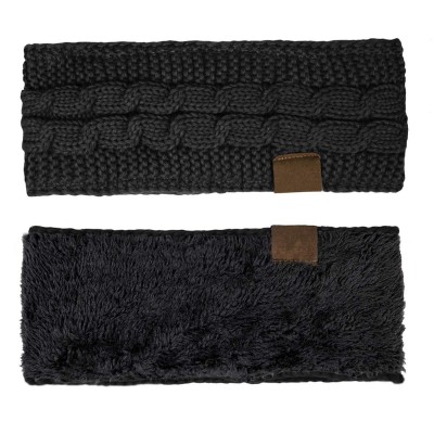 Cold Weather Headbands Cable Knit Fuzzy Lined Head Wrap Headband Ear Warmer (2 Pack - Black & Black Mix) - 2 Pack - Black & B...