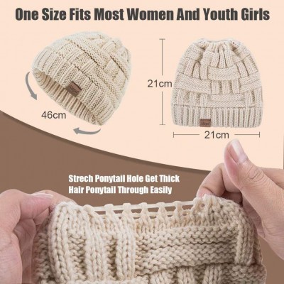 Skullies & Beanies Womens High Messy Bun Beanie Hat with Ponytail Hole- Winter Warm Trendy Knit Ski Skull Cap - White - CH18X...