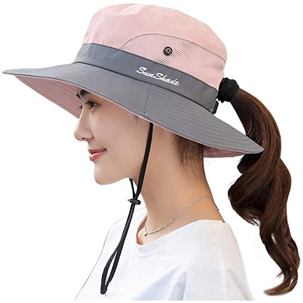 Sun Hats Ponytail Women's Summer Sun Bucket Hats UV Protection Safari Hiking Wide Brim Beach Foldable Mesh Fishing Cap - CT18...