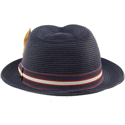 Fedoras Men's Stripe Band Removable Feather Derby Fedora Curled Brim Hat - Navy - C317YOT59R9 $16.74