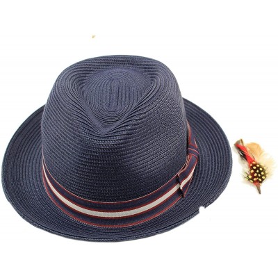 Fedoras Men's Stripe Band Removable Feather Derby Fedora Curled Brim Hat - Navy - C317YOT59R9 $16.74