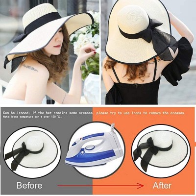 Sun Hats Women's Big Bowknot Straw Sun Hat Floppy Foldable Roll up UV 50+ Beach Cap - White With Black Bow - CC18S63GNTR $10.26