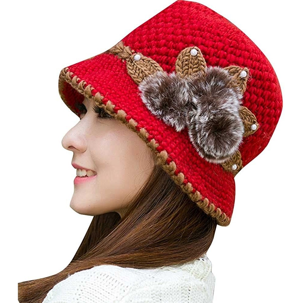 Cold Weather Headbands Women Color Winter Hat Crochet Knitted Flowers Decorated Ears Cap with Visor - Red - C918LH3GG7U $6.86