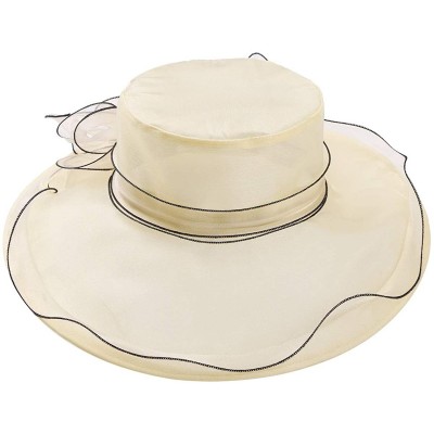 Sun Hats Women Organza Wide Brim Sun Hat with Large Flower Church Party Wedding Cap - Beige B - C118RN5RMEC $34.32