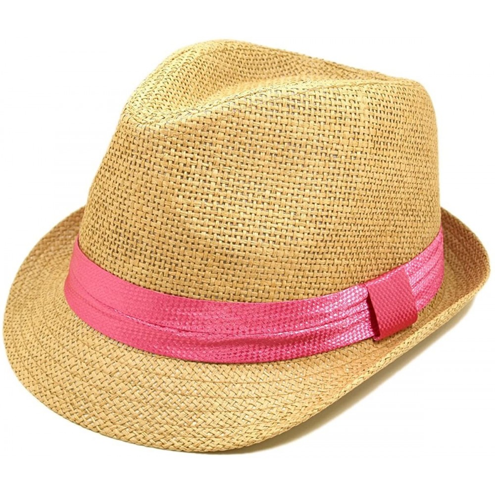 Fedoras Classic Tan Fedora Straw Hat with Pink Band - CN11076FX7J $12.20