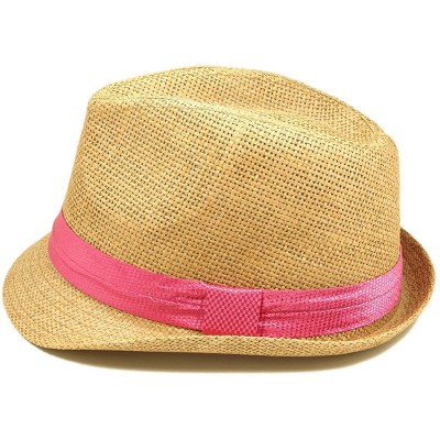 Fedoras Classic Tan Fedora Straw Hat with Pink Band - CN11076FX7J $12.20