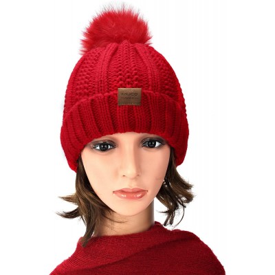 Skullies & Beanies Womens Beanie Winter Hat Slouchy Knit Chunky Faux Fur Warm Linling Poms Hat Bobble Hat Ski Cap - Red - CW1...