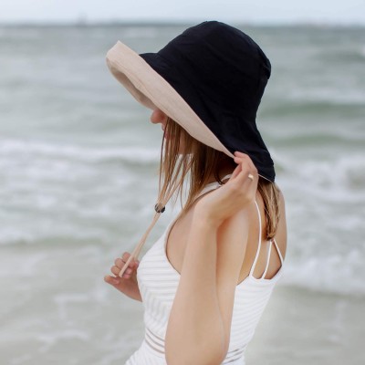 Sun Hats Sun Hats Women Bucket Floppy Cotton Hat Wide Brim Summer Beach Caps Packable UV UPF 50+ - Black - CL18R3DO34D $10.41