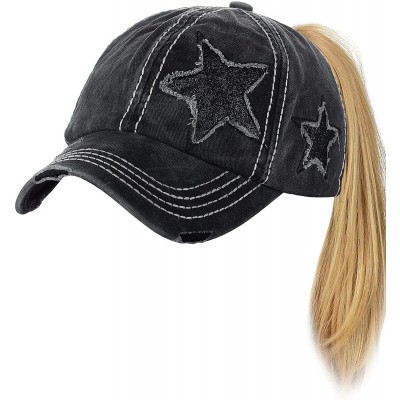 Baseball Caps Ponycap Messy High Bun Ponytail Adjustable Glitter Star Distressed Baseball Cap Hat - Black - C518ROMW52N $14.20