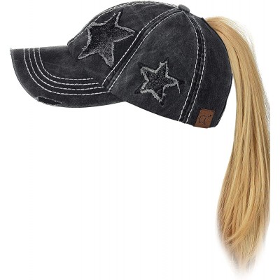 Baseball Caps Ponycap Messy High Bun Ponytail Adjustable Glitter Star Distressed Baseball Cap Hat - Black - C518ROMW52N $14.20