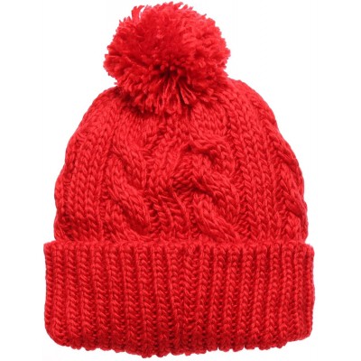 Skullies & Beanies Women's Thick Oversized Cable Knitted Fleece Lined Pom Pom Beanie Hat with Hair Tie. - 1 Black&1 Red - C11...